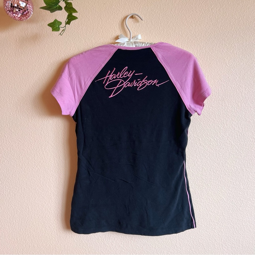 🩷 Y2K Harley Davidson Pink & Black Baseball Style Top Biker Girl V-Neck